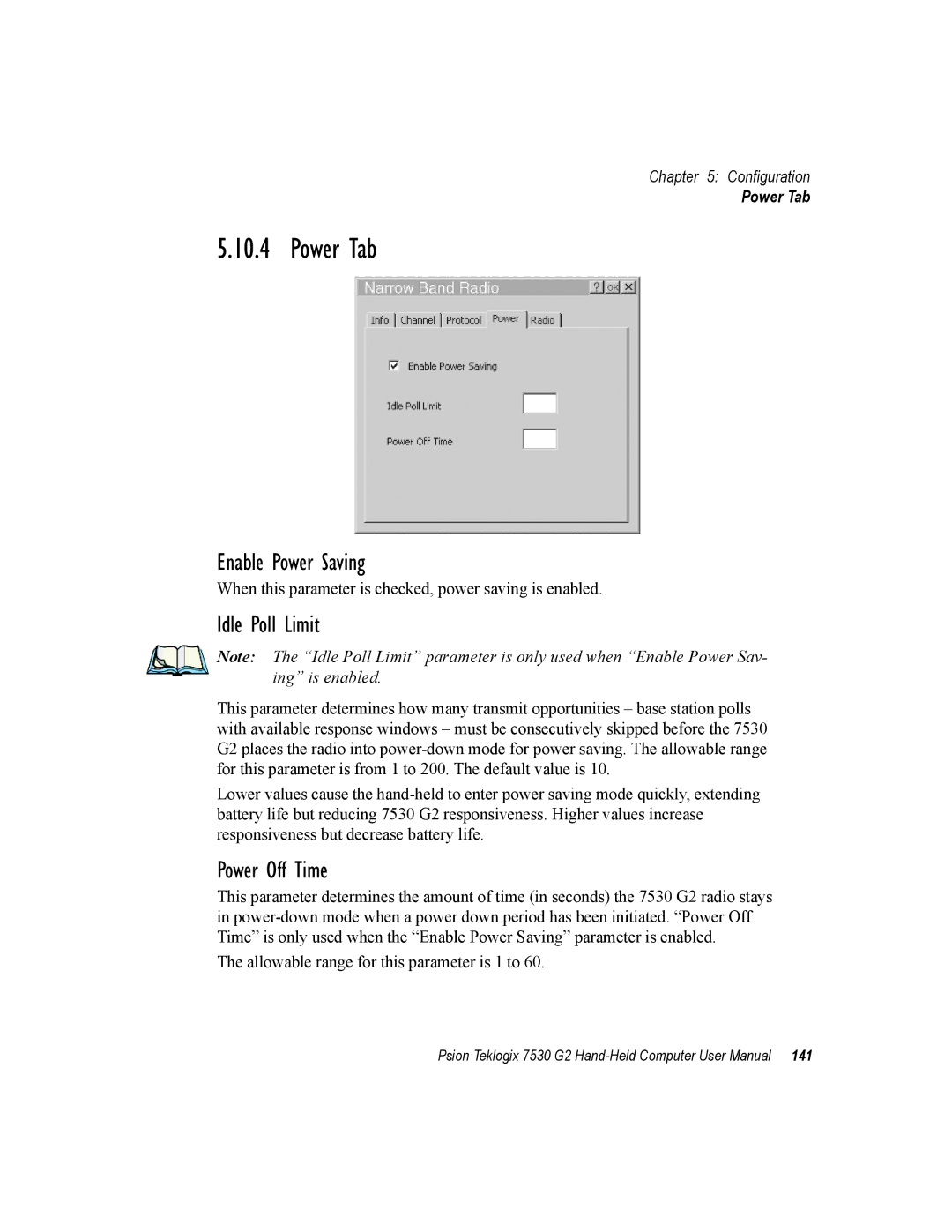 Psion Teklogix 7530 G2 user manual Power Tab, Enable Power Saving, Idle Poll Limit, Power Off Time 