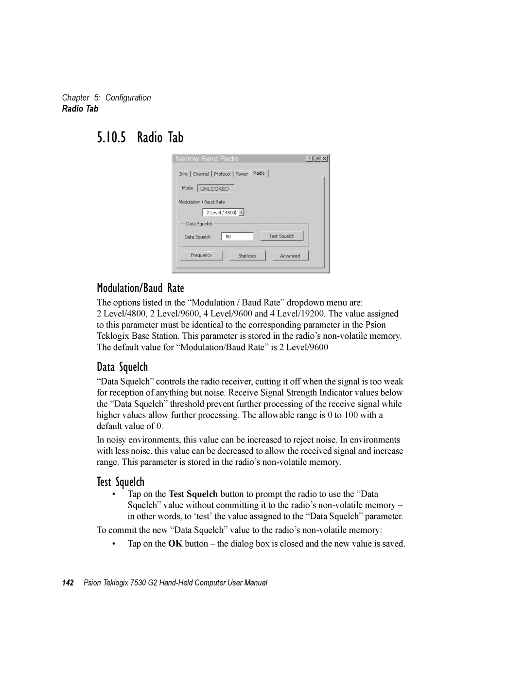 Psion Teklogix 7530 G2 user manual Radio Tab, Modulation/Baud Rate, Data Squelch, Test Squelch 