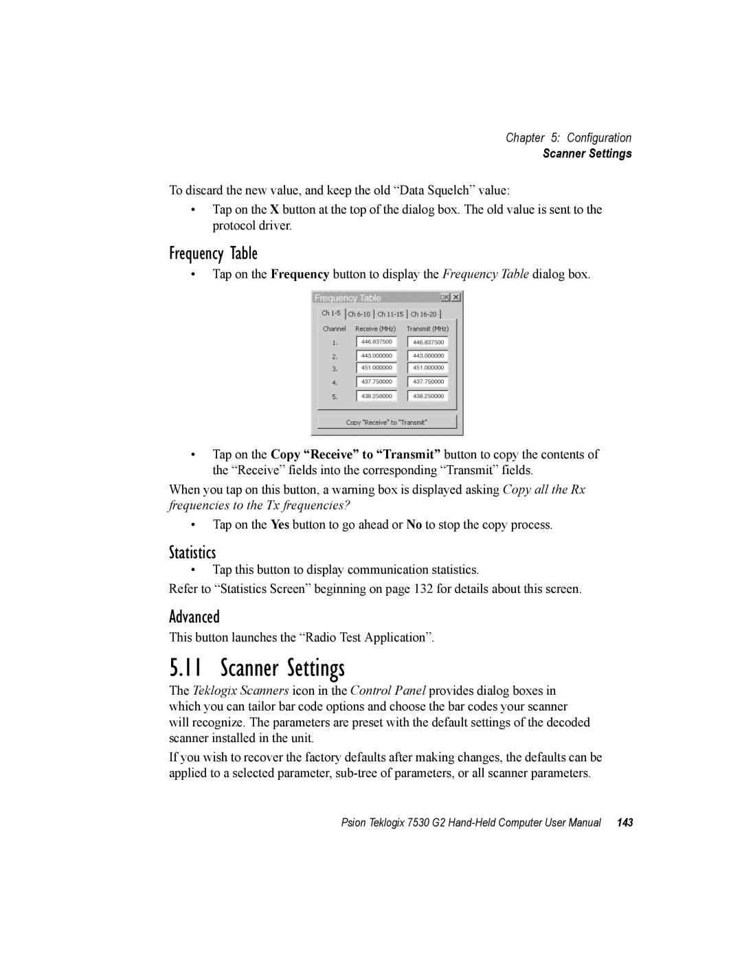 Psion Teklogix 7530 G2 user manual Scanner Settings, Frequency Table, Statistics, Advanced 