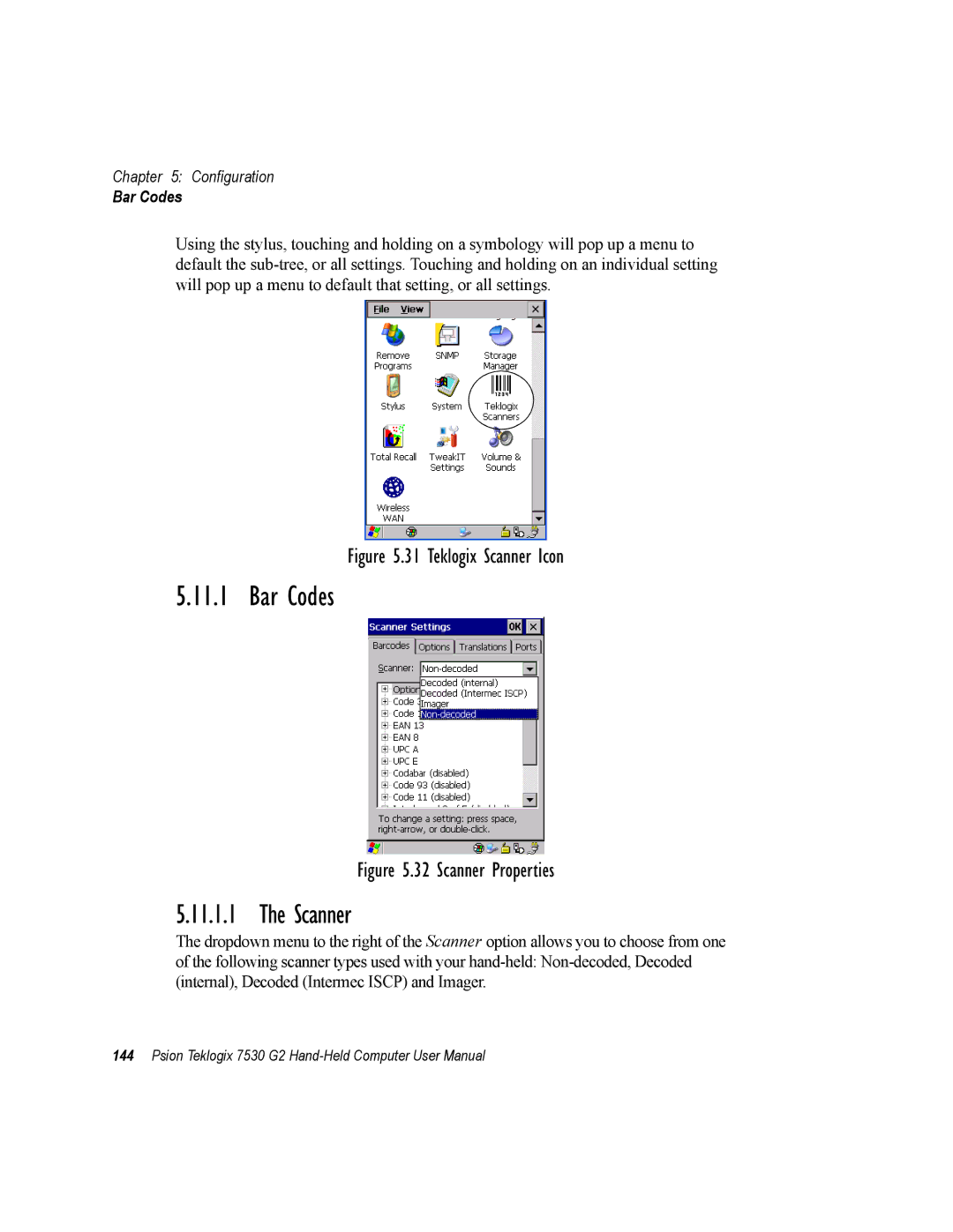 Psion Teklogix 7530 G2 user manual Bar Codes, Scanner 