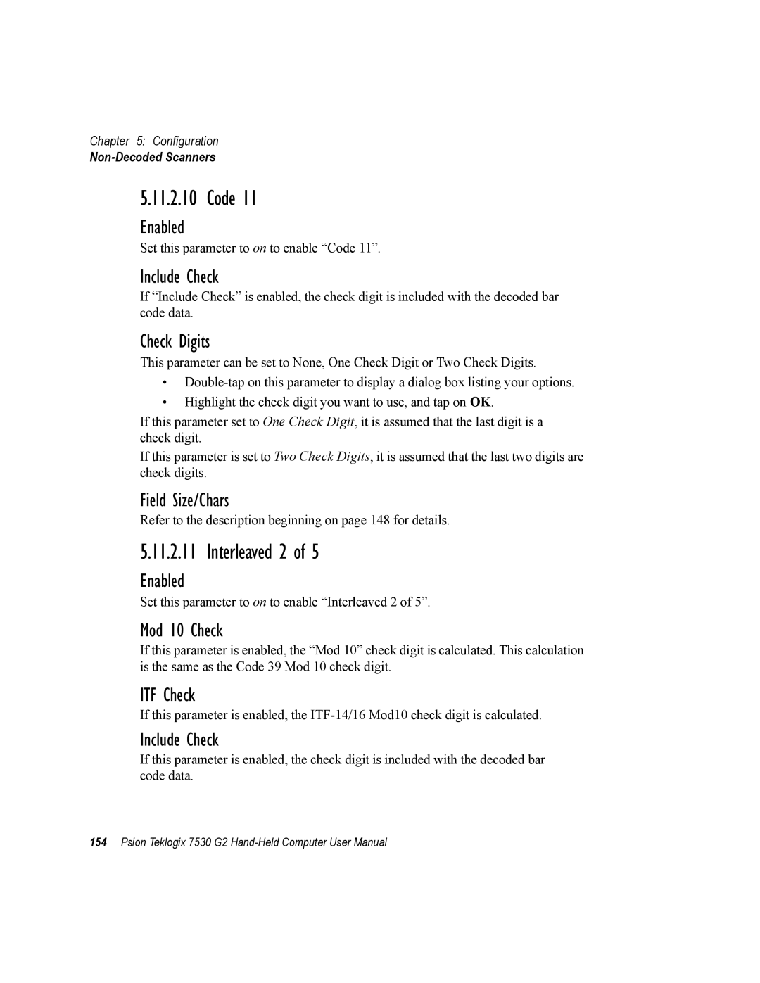 Psion Teklogix 7530 G2 user manual Interleaved 2, Check Digits, Mod 10 Check, ITF Check 