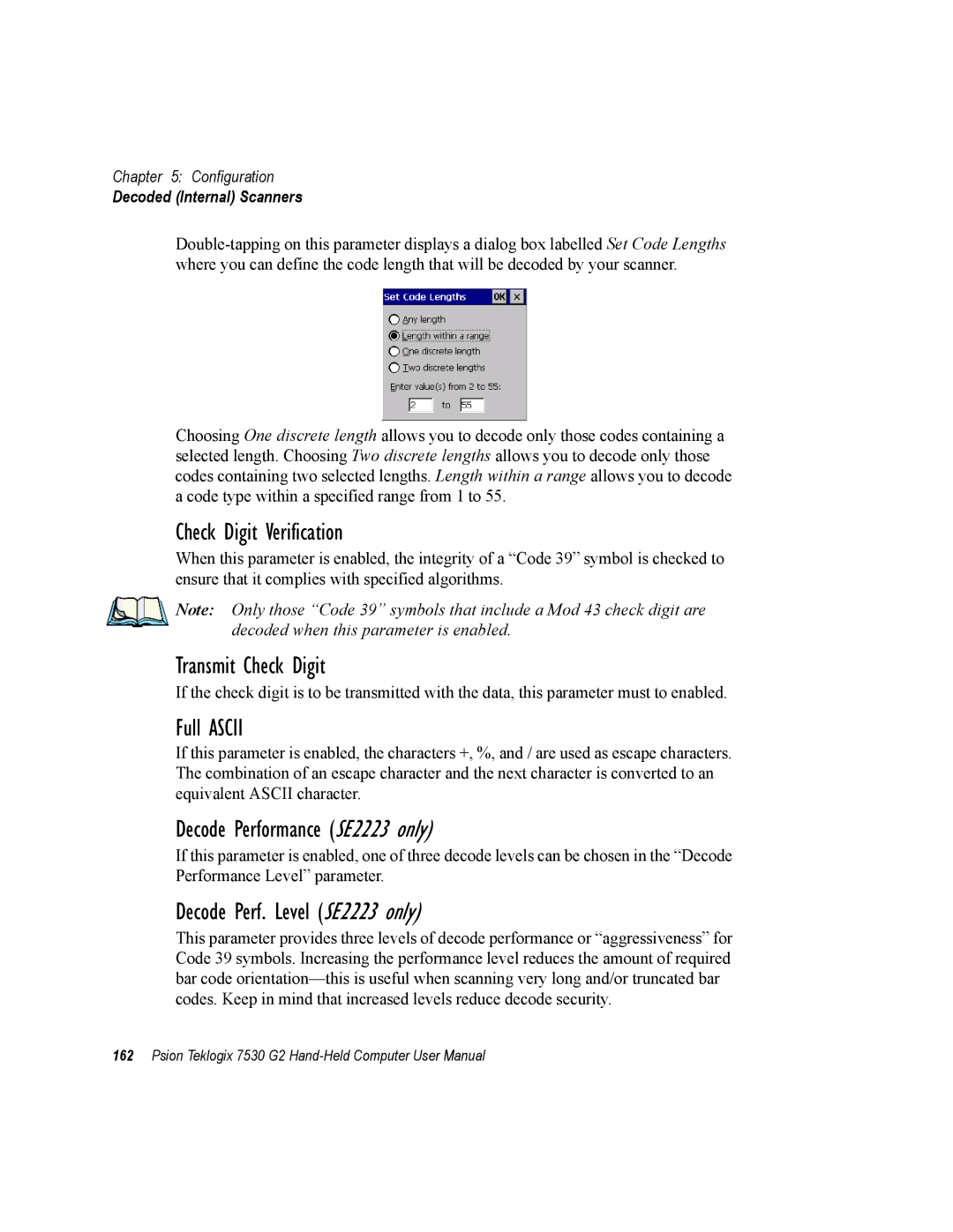 Psion Teklogix 7530 G2 user manual Check Digit Verification, Transmit Check Digit, Decode Performance SE2223 only 