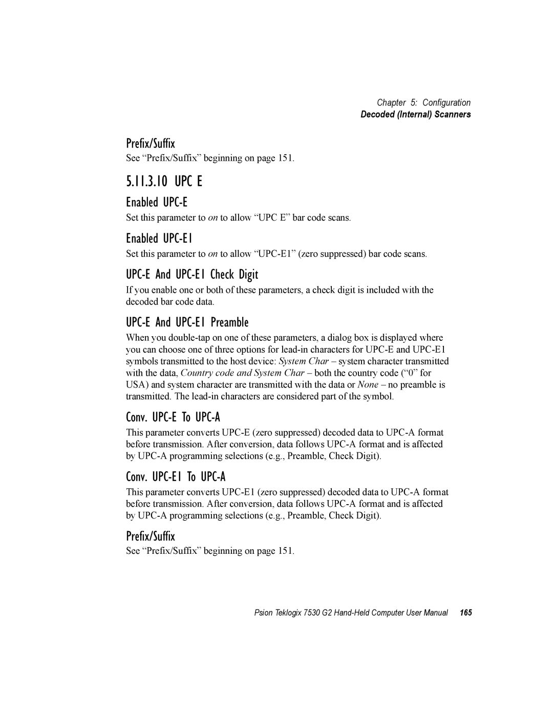 Psion Teklogix 7530 G2 Enabled UPC-E1, UPC-E And UPC-E1 Check Digit, UPC-E And UPC-E1 Preamble, Conv. UPC-E To UPC-A 