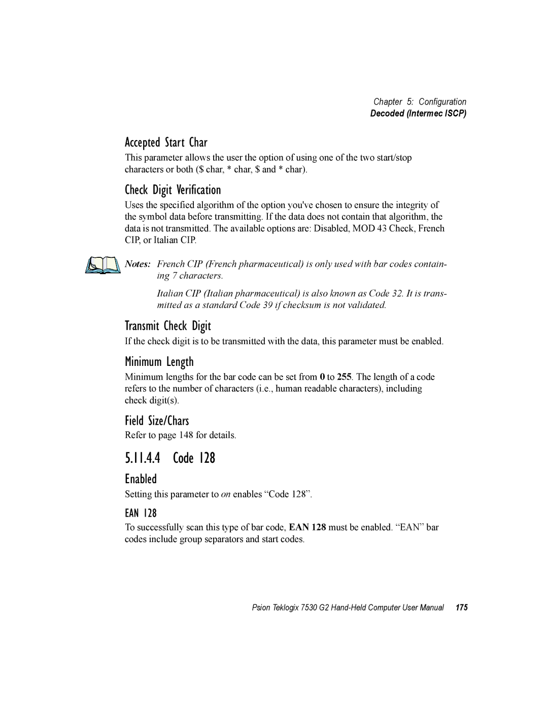 Psion Teklogix 7530 G2 user manual Accepted Start Char, Minimum Length, Ean 