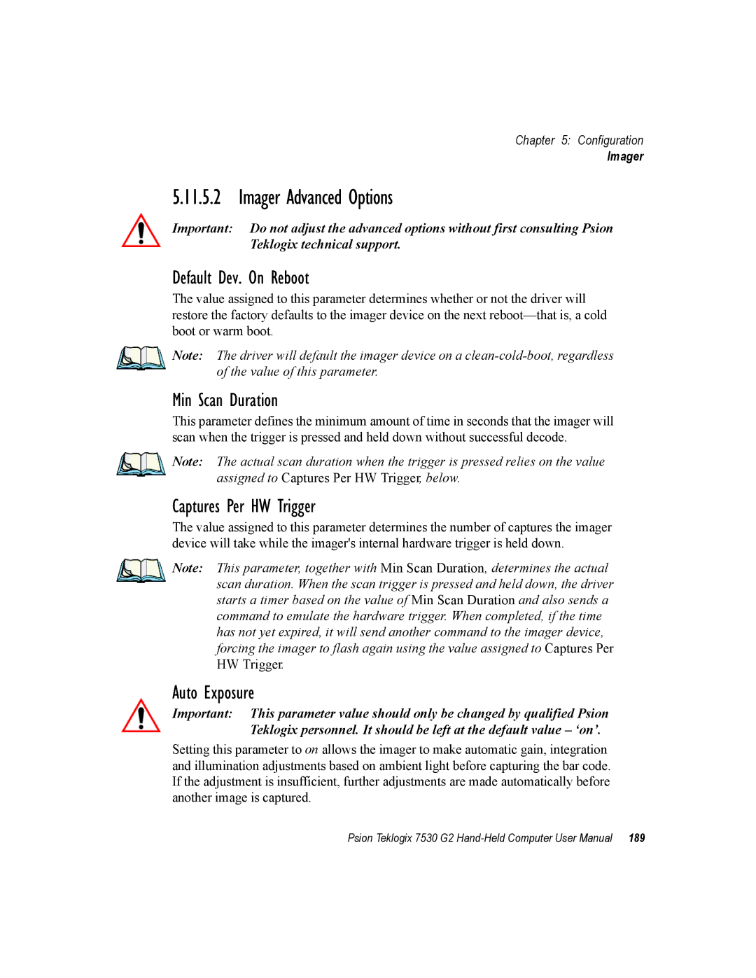 Psion Teklogix 7530 G2 Imager Advanced Options, Default Dev. On Reboot, Min Scan Duration, Captures Per HW Trigger 