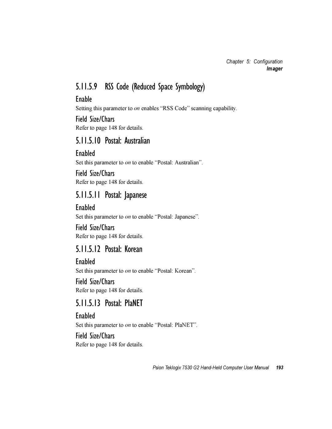 Psion Teklogix 7530 G2 user manual Postal Australian, Postal Japanese, Postal Korean, Postal PlaNET 