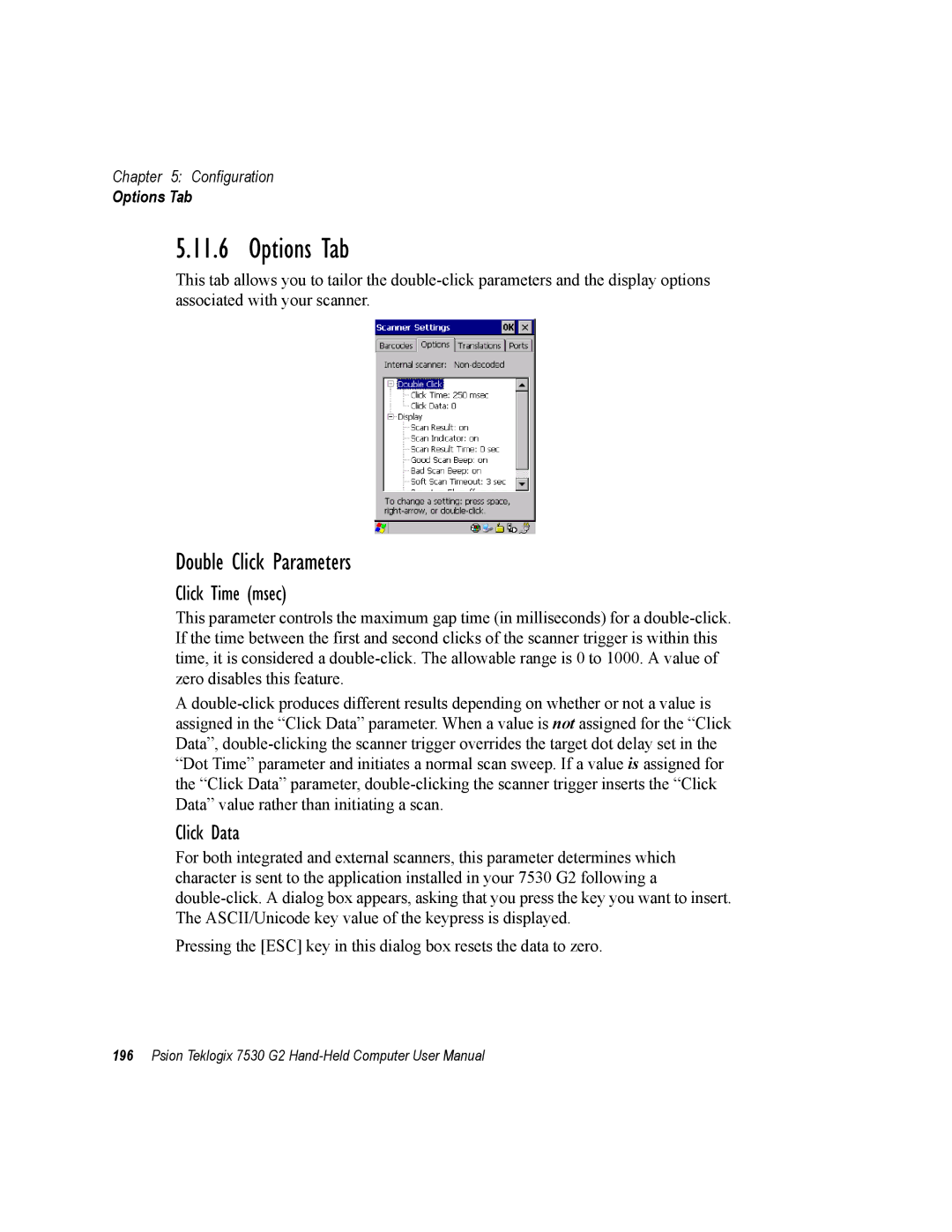 Psion Teklogix 7530 G2 user manual Options Tab, Double Click Parameters, Click Time msec, Click Data 