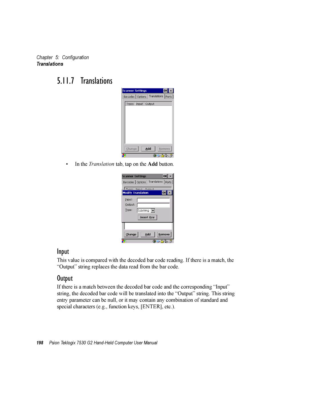 Psion Teklogix 7530 G2 user manual Translations, Input, Output 