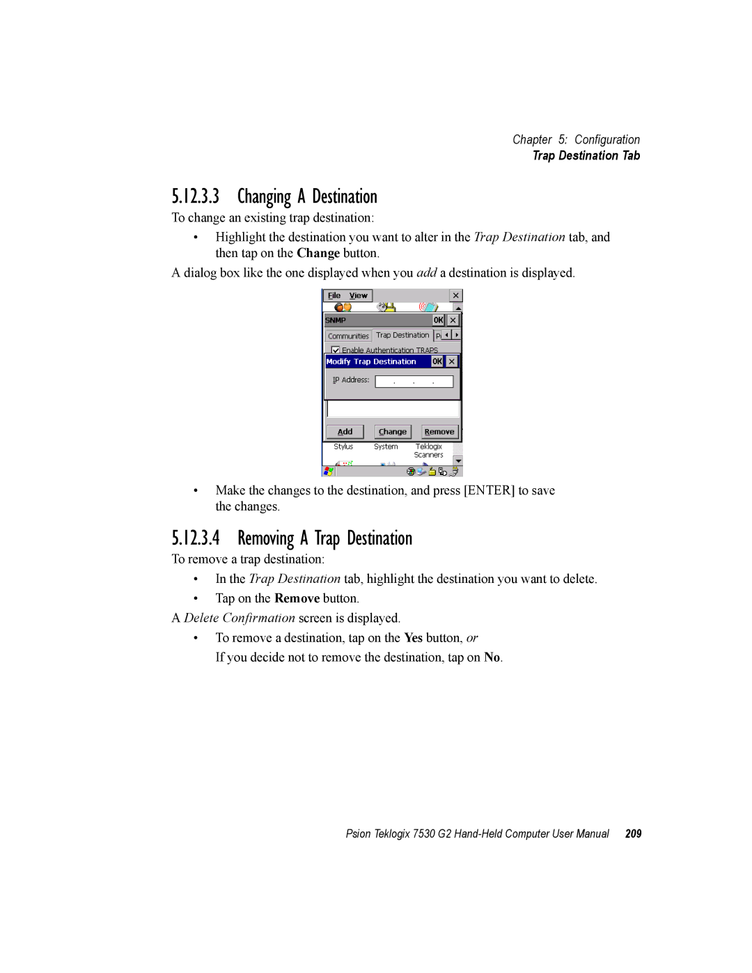 Psion Teklogix 7530 G2 user manual Changing a Destination, Removing a Trap Destination 