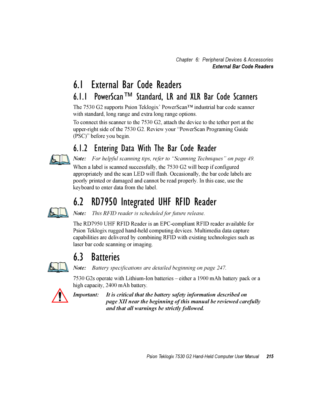 Psion Teklogix 7530 G2 user manual External Bar Code Readers, RD7950 Integrated UHF Rfid Reader, Batteries 