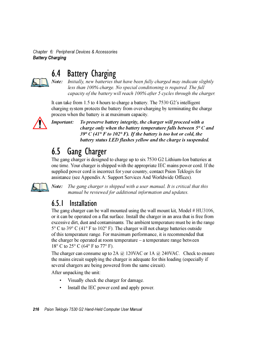 Psion Teklogix 7530 G2 user manual Battery Charging, Gang Charger, Installation 