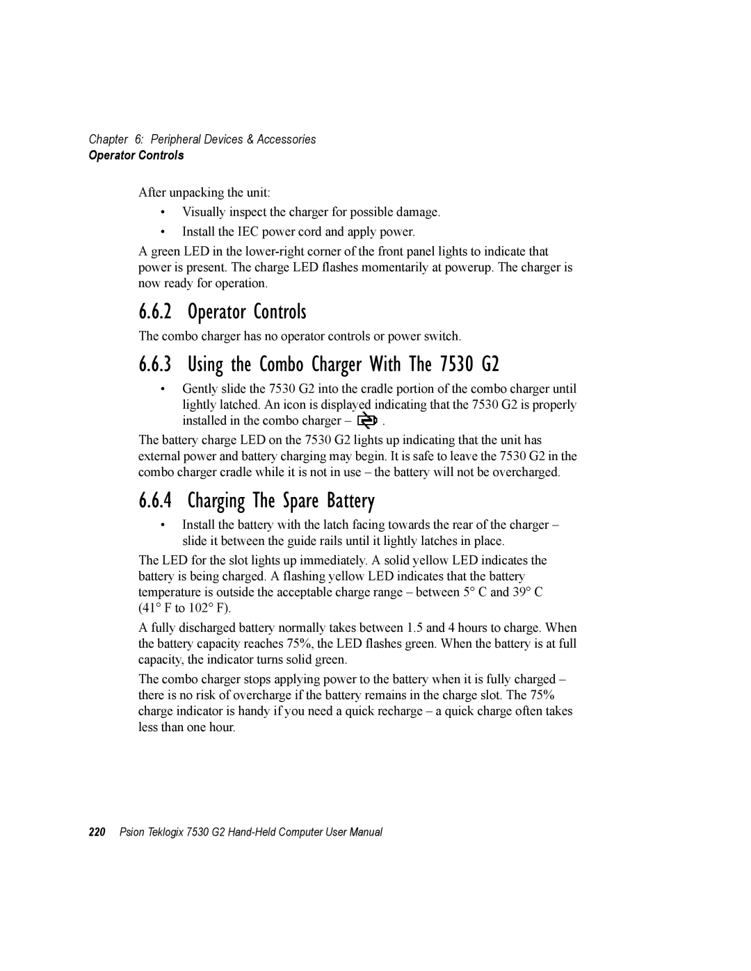 Psion Teklogix user manual Using the Combo Charger With The 7530 G2, Charging The Spare Battery 