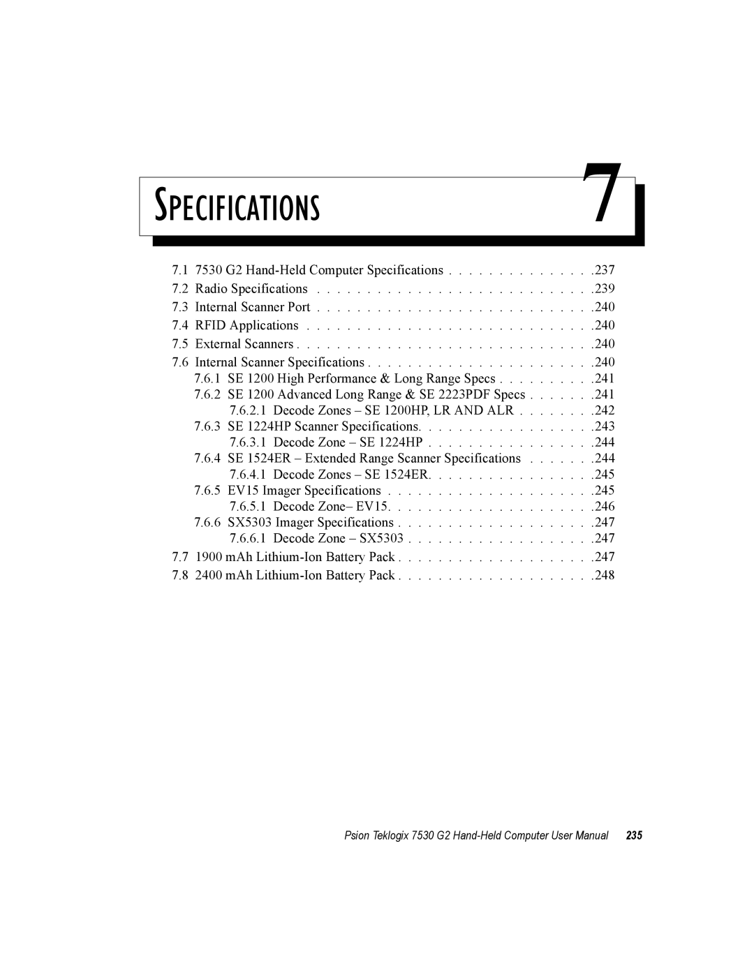 Psion Teklogix 7530 G2 user manual Specifications 