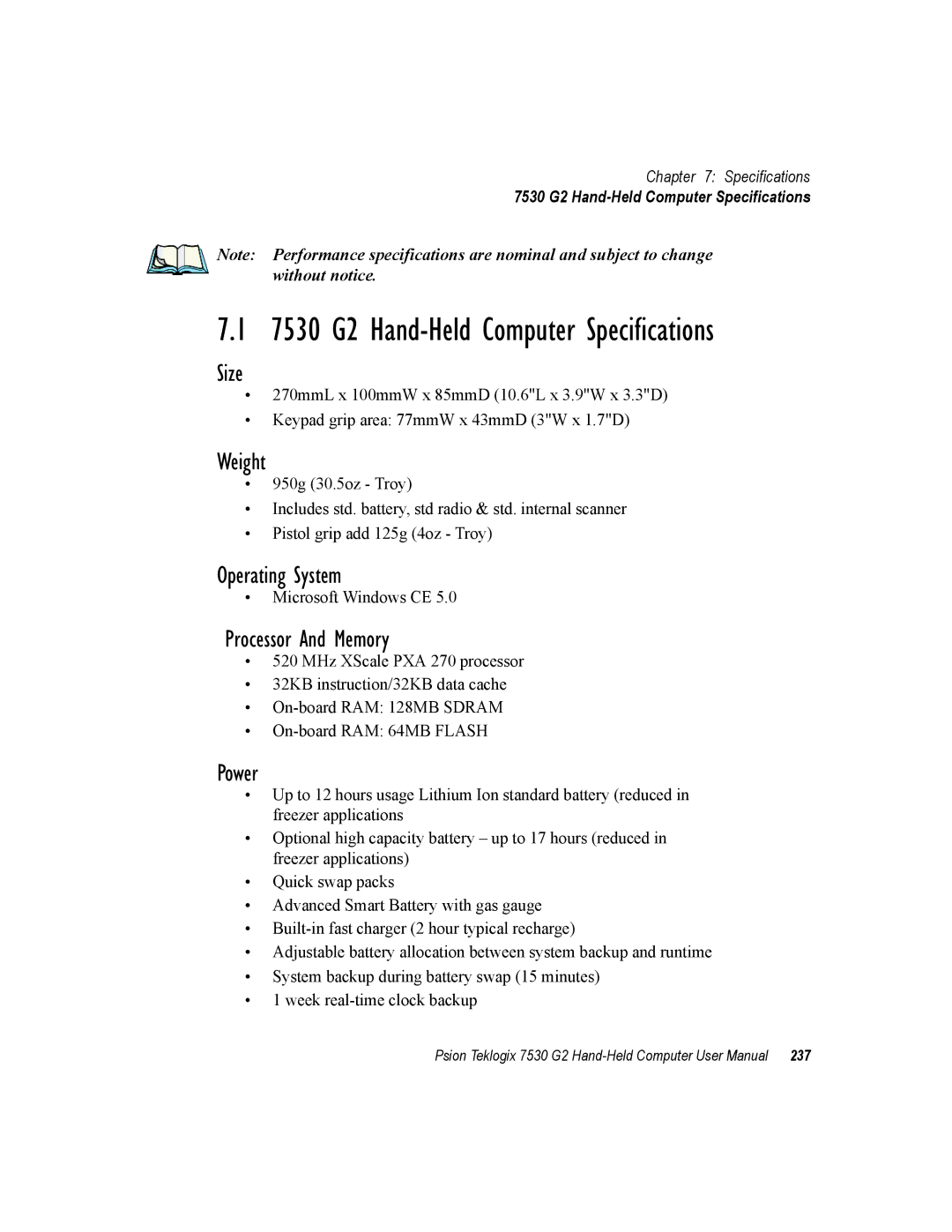 Psion Teklogix Size, Weight, Operating System, Processor And Memory, 7530 G2 Hand-Held Computer Specifications 