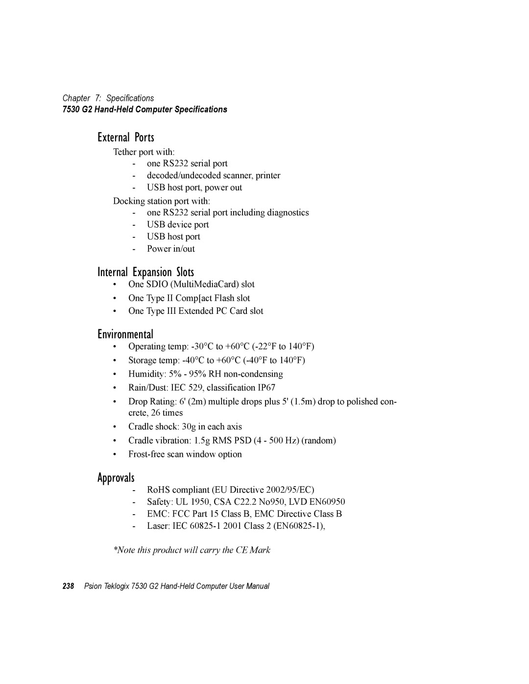 Psion Teklogix 7530 G2 user manual External Ports, Internal Expansion Slots, Environmental, Approvals 