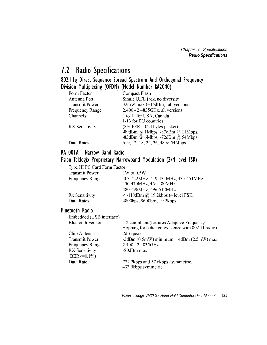 Psion Teklogix 7530 G2 user manual Radio Specifications, RA1001A Narrow Band Radio 