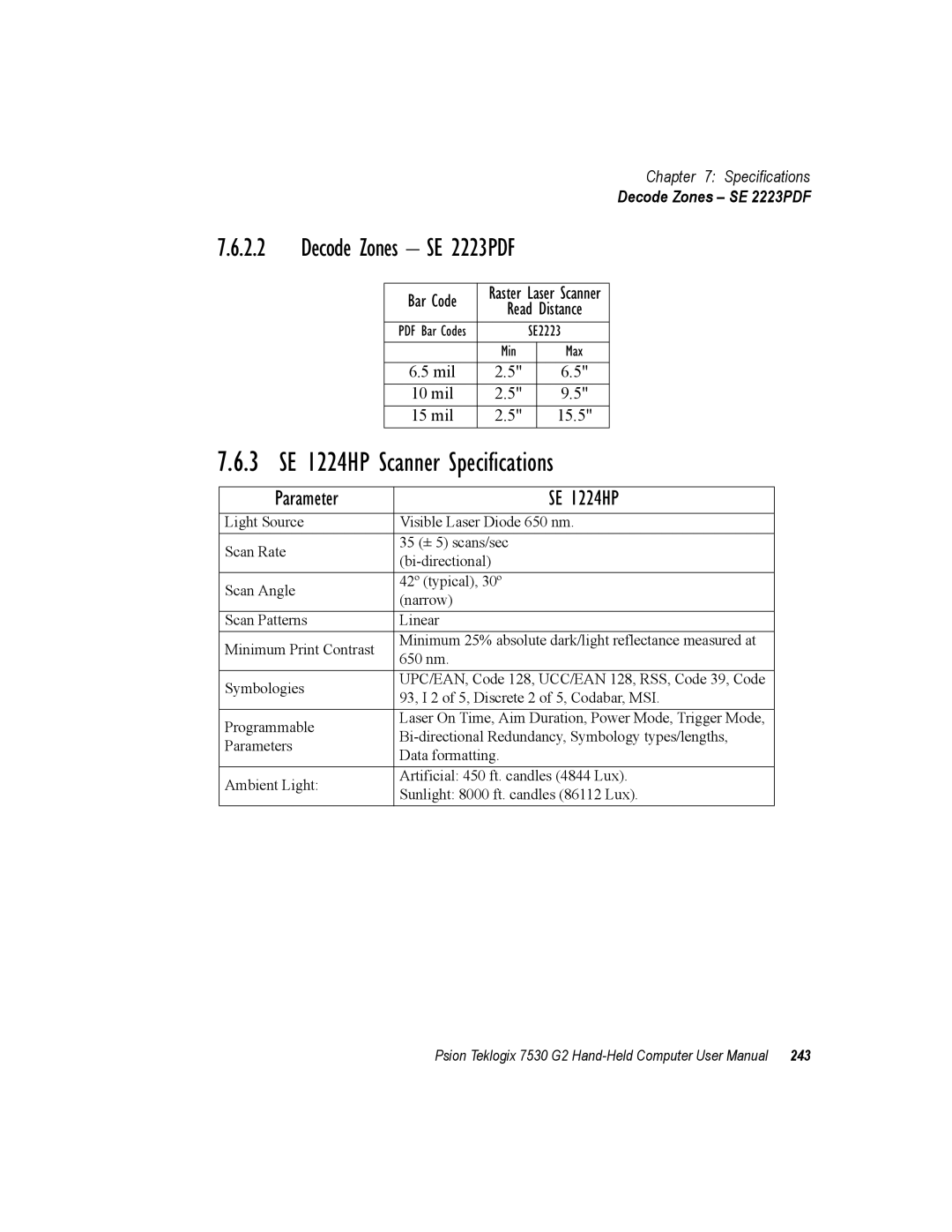 Psion Teklogix 7530 G2 user manual 3 SE 1224HP Scanner Specifications, Parameter SE 1224HP 