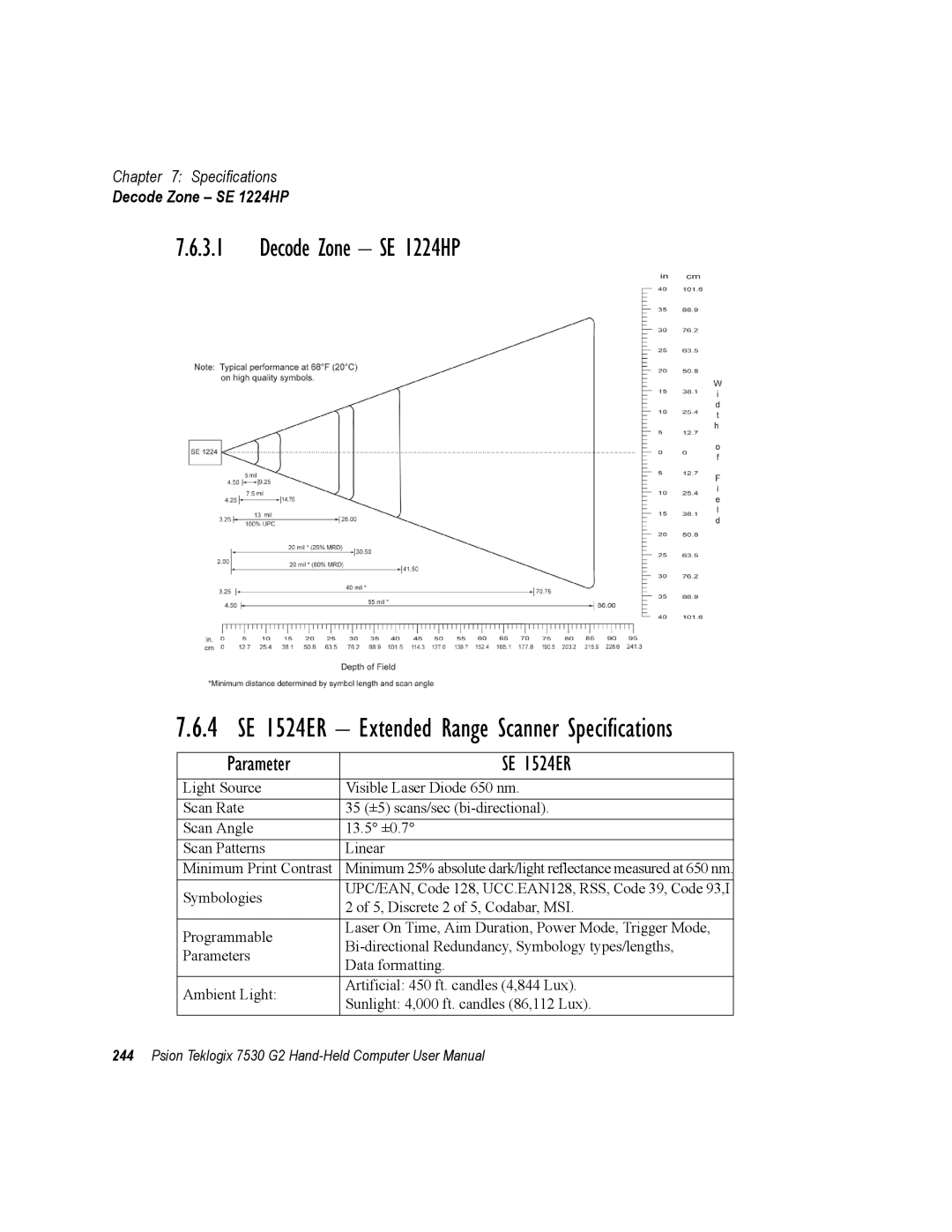 Psion Teklogix 7530 G2 user manual Decode Zone SE 1224HP, Parameter SE 1524ER 