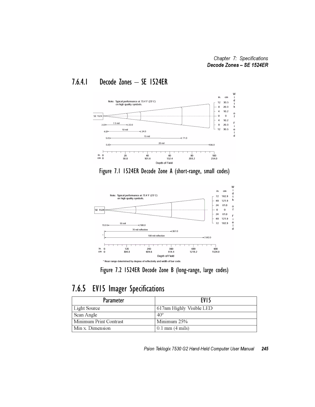 Psion Teklogix 7530 G2 user manual 5 EV15 Imager Specifications, Decode Zones SE 1524ER, Parameter EV15 