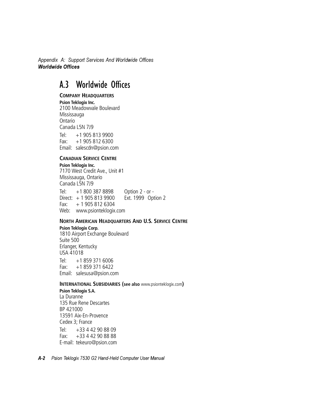 Psion Teklogix 7530 G2 user manual Worldwide Offices 