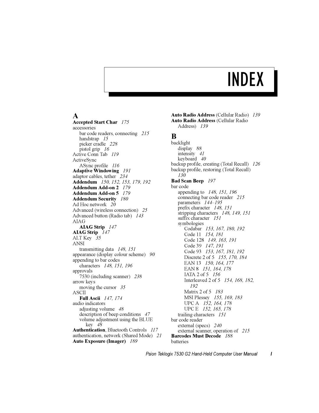 Psion Teklogix 7530 G2 user manual Index 