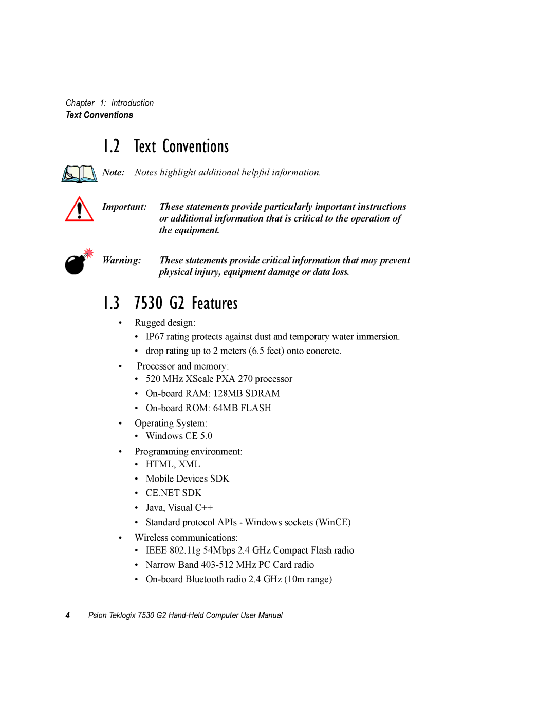 Psion Teklogix user manual Text Conventions, 7530 G2 Features 