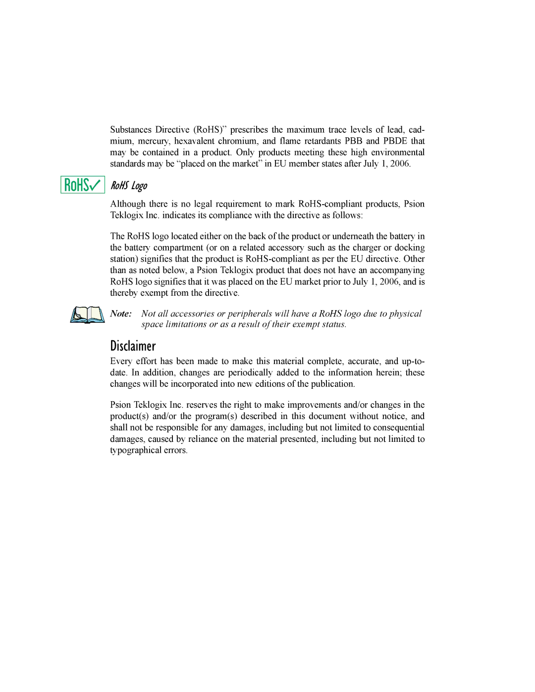 Psion Teklogix 7530 G2 user manual Disclaimer, RoHS Logo 