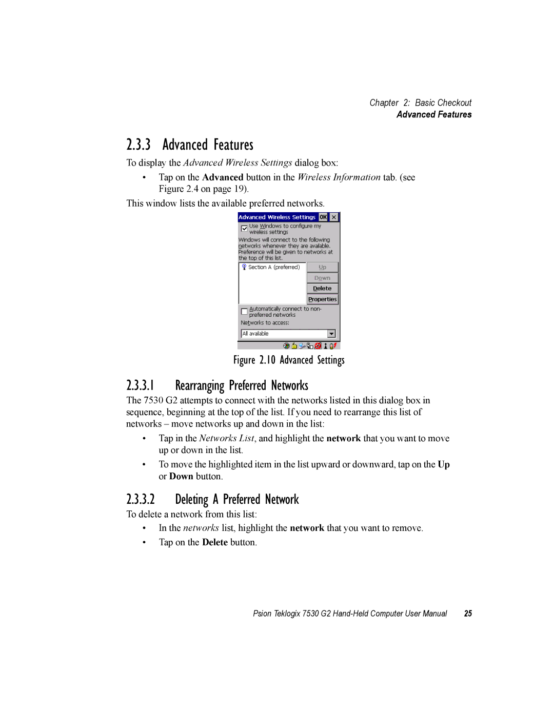 Psion Teklogix 7530 G2 user manual Advanced Features, Rearranging Preferred Networks, Deleting a Preferred Network 