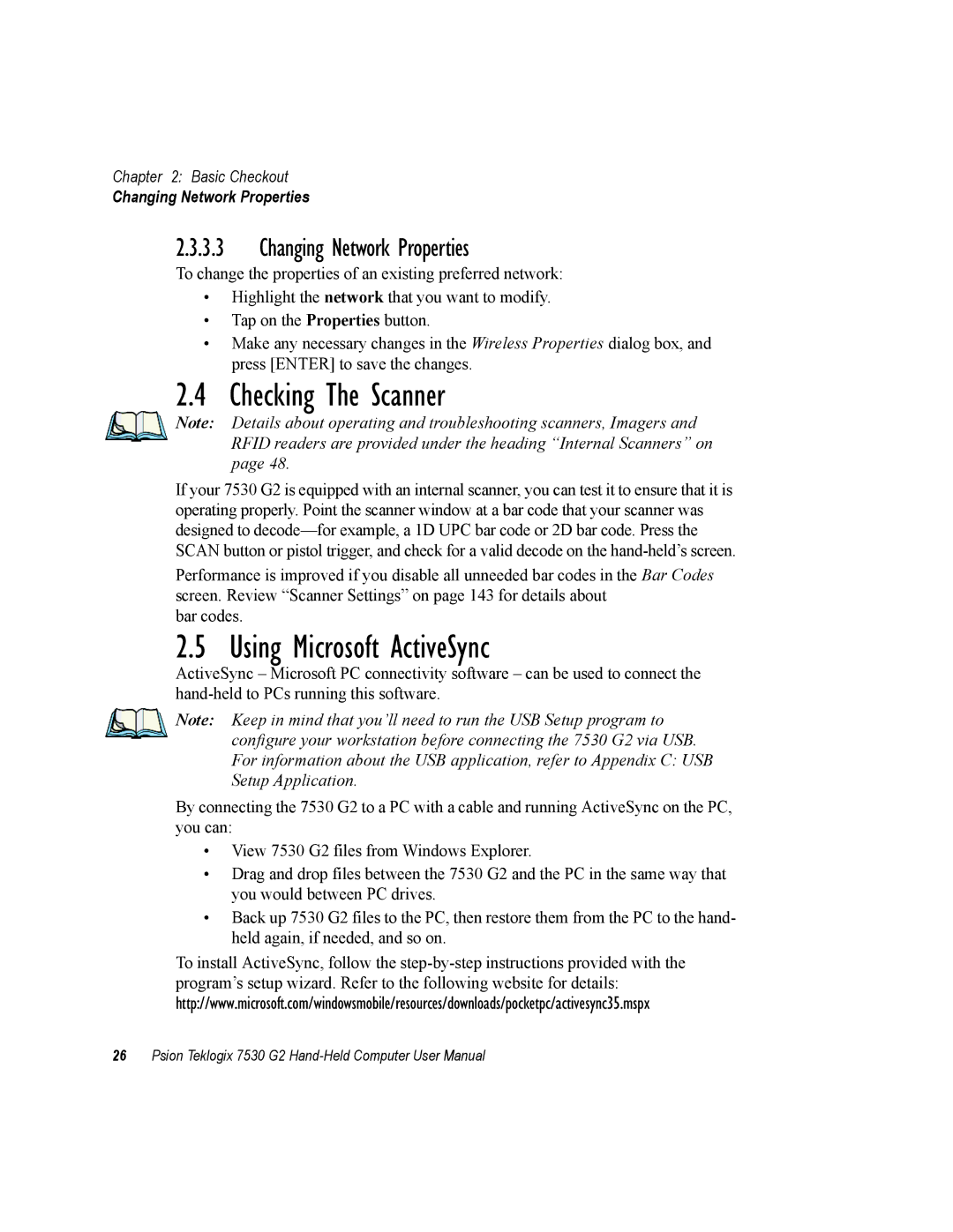 Psion Teklogix 7530 G2 user manual Checking The Scanner, Using Microsoft ActiveSync, Changing Network Properties 