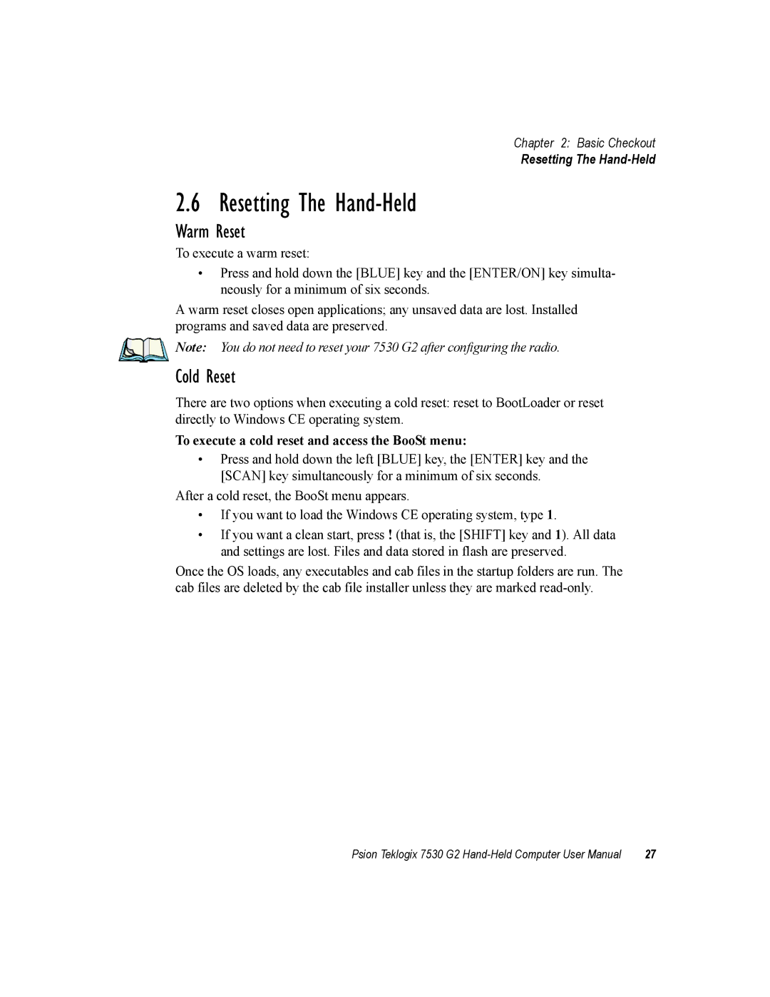 Psion Teklogix 7530 G2 user manual Resetting The Hand-Held, Warm Reset, Cold Reset 