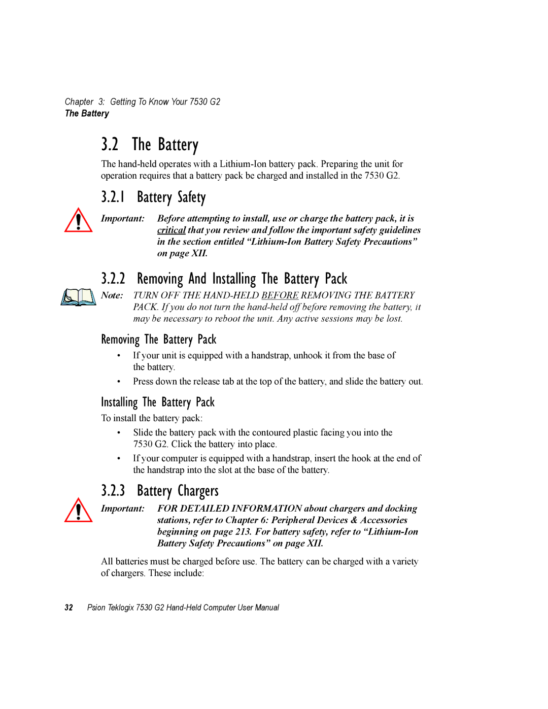 Psion Teklogix 7530 G2 user manual Battery Safety, Removing And Installing The Battery Pack, Battery Chargers 