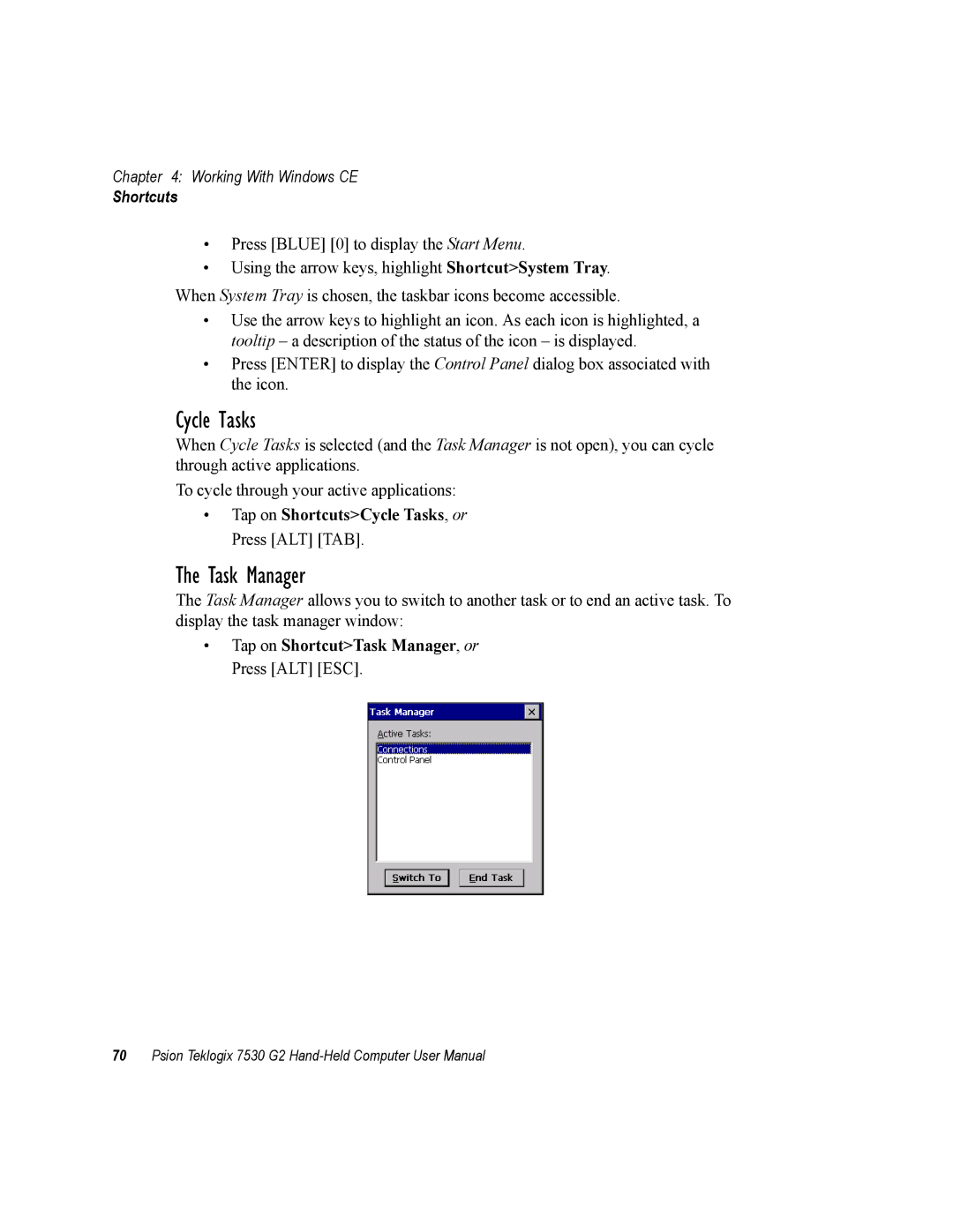 Psion Teklogix 7530 G2 user manual Cycle Tasks, Task Manager 