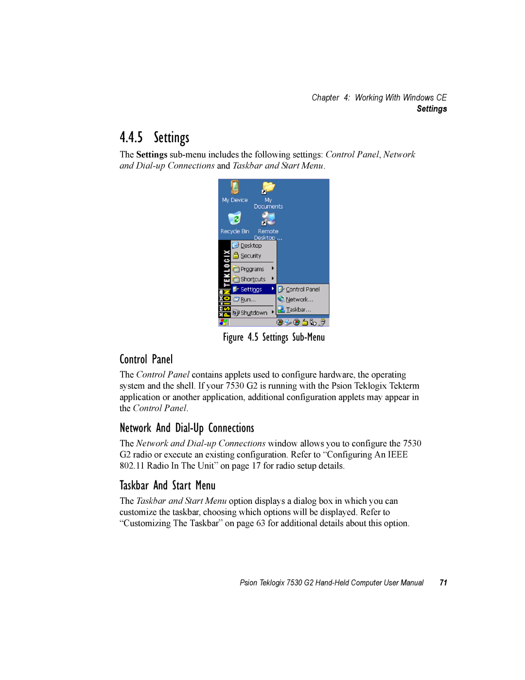 Psion Teklogix 7530 G2 user manual Settings, Control Panel, Network And Dial-Up Connections, Taskbar And Start Menu 