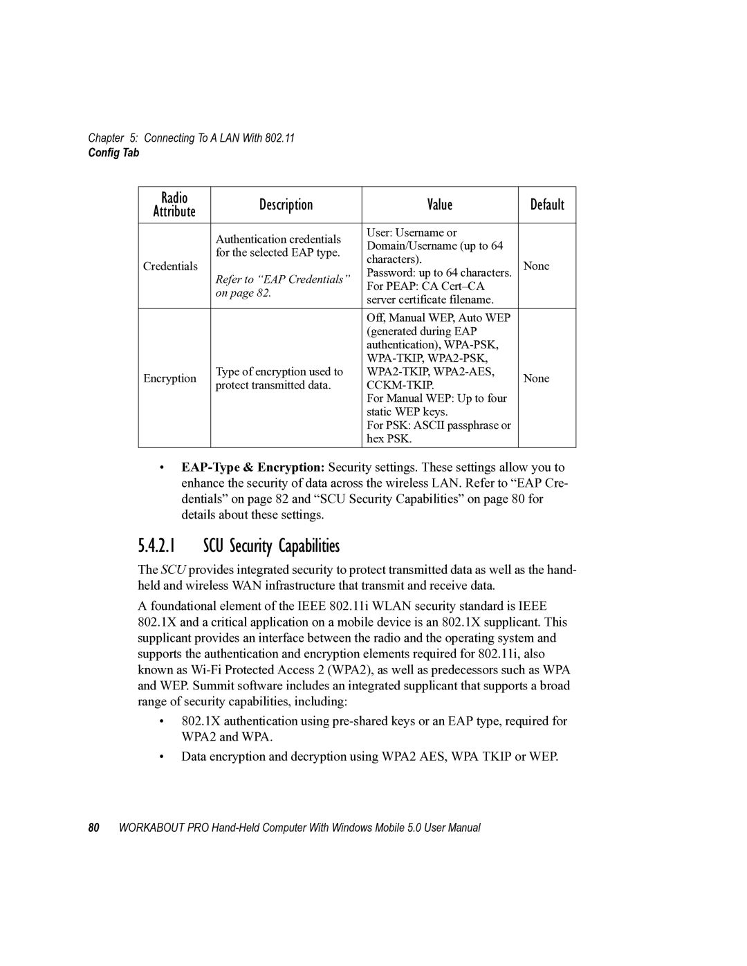 Psion Teklogix 8100107B user manual SCU Security Capabilities, Refer to EAP Credentials 