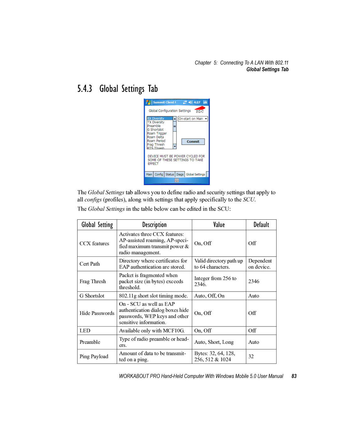 Psion Teklogix 8100107B user manual Global Settings Tab, Description Value 