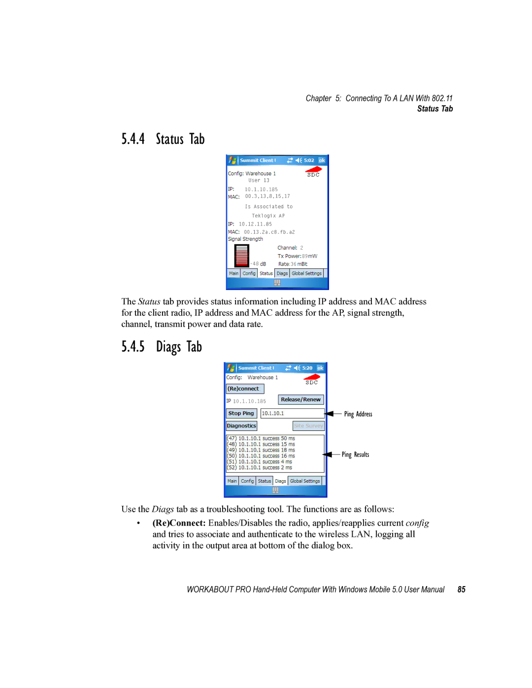 Psion Teklogix 8100107B user manual Status Tab, Diags Tab 