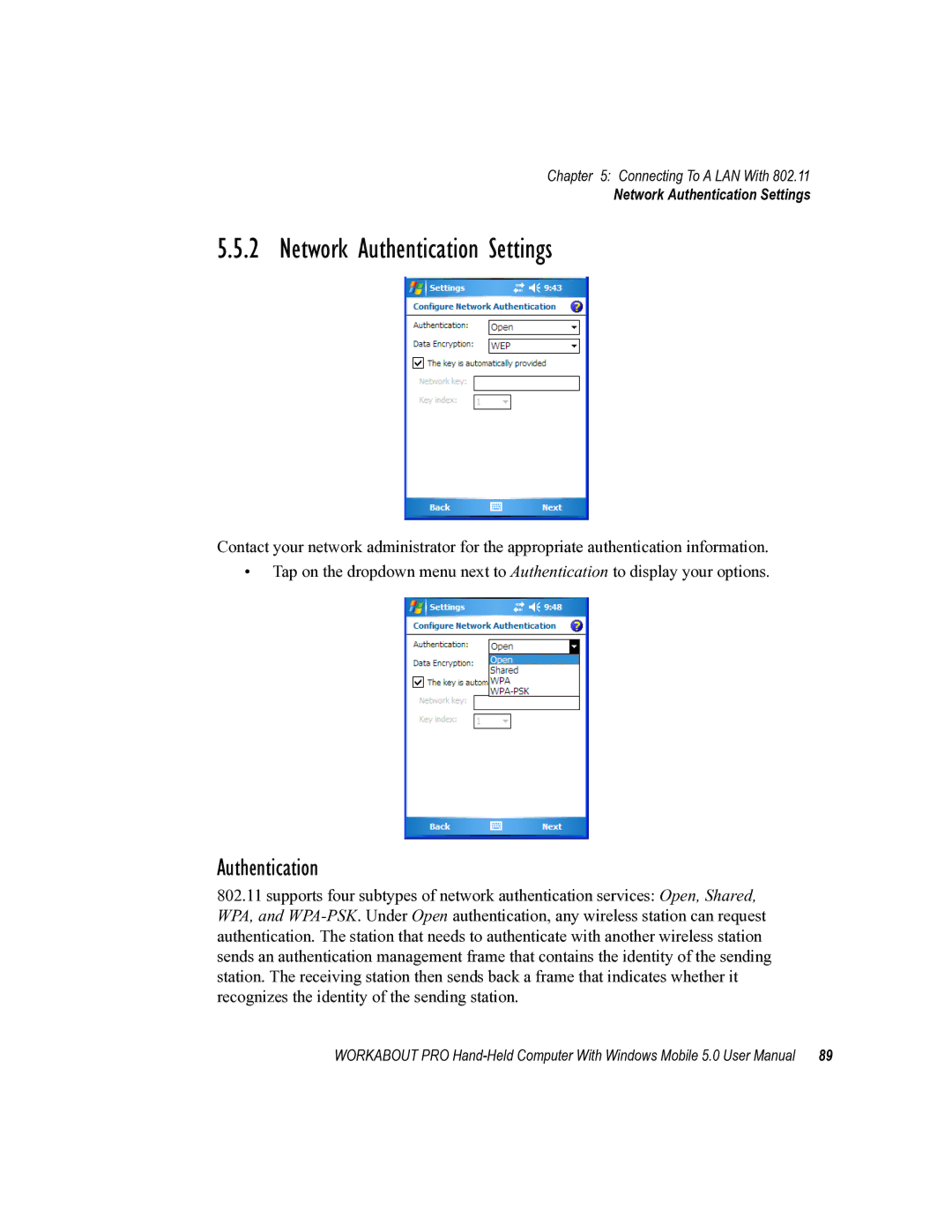 Psion Teklogix 8100107B user manual Network Authentication Settings 