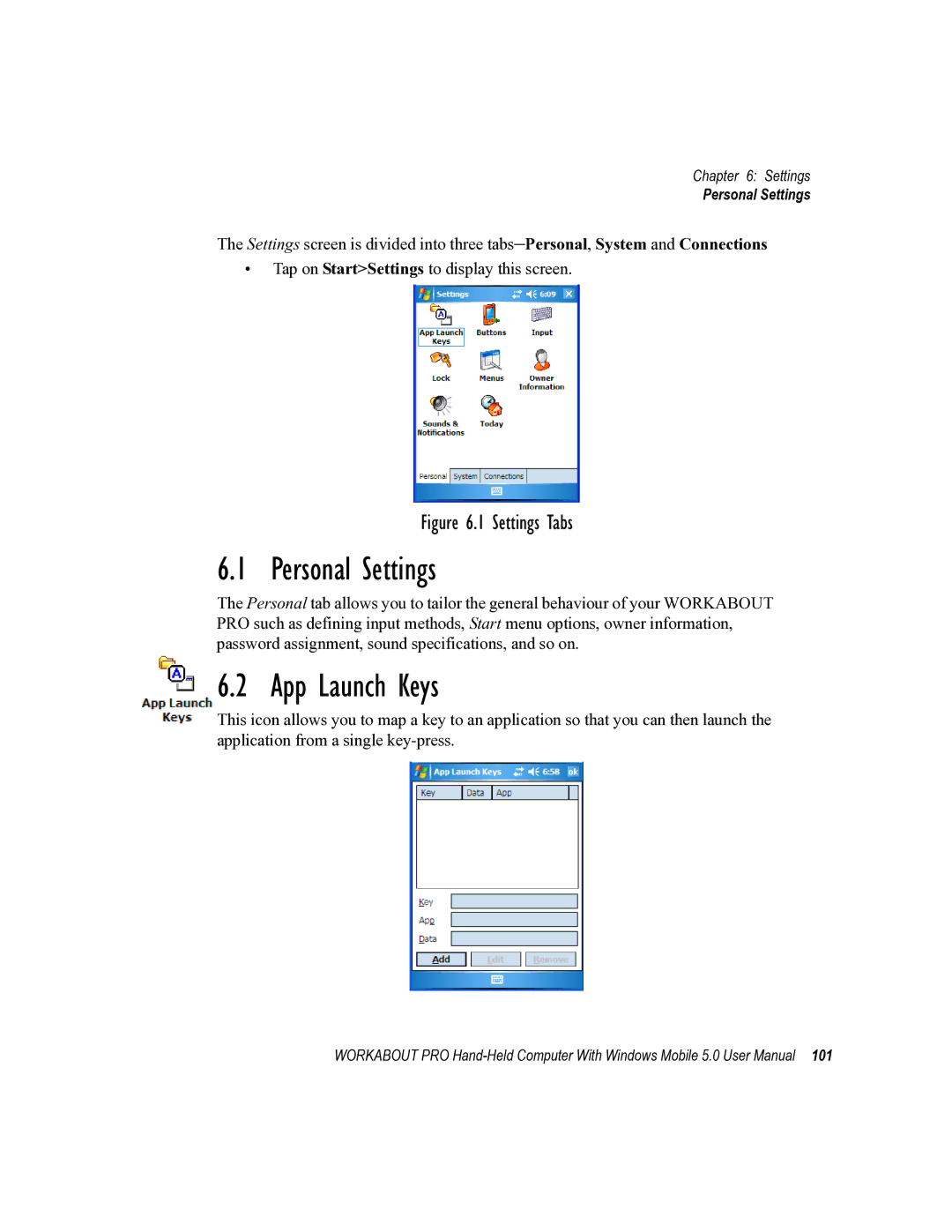 Psion Teklogix 8100107B user manual Personal Settings, App Launch Keys 