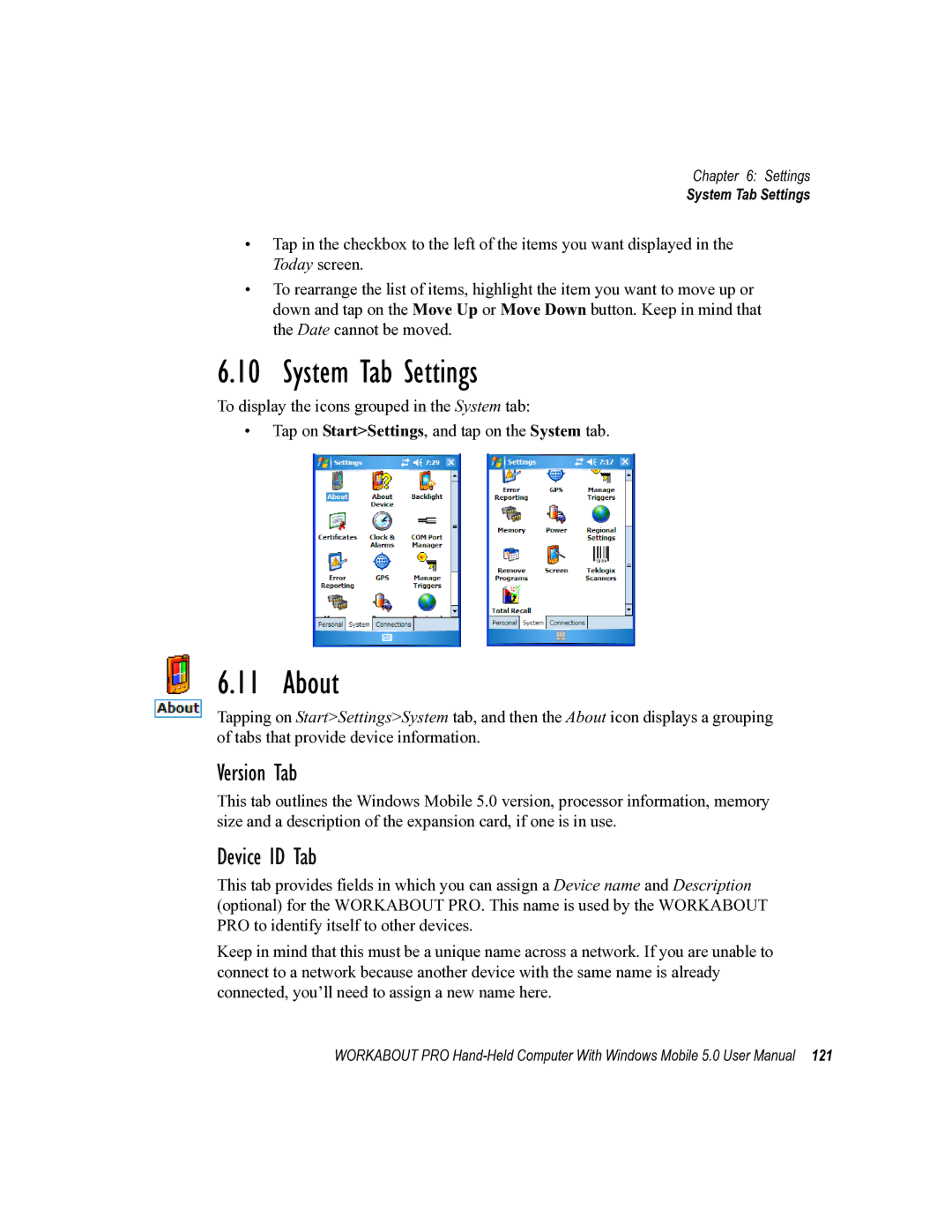 Psion Teklogix 8100107B user manual System Tab Settings, About, Version Tab, Device ID Tab 