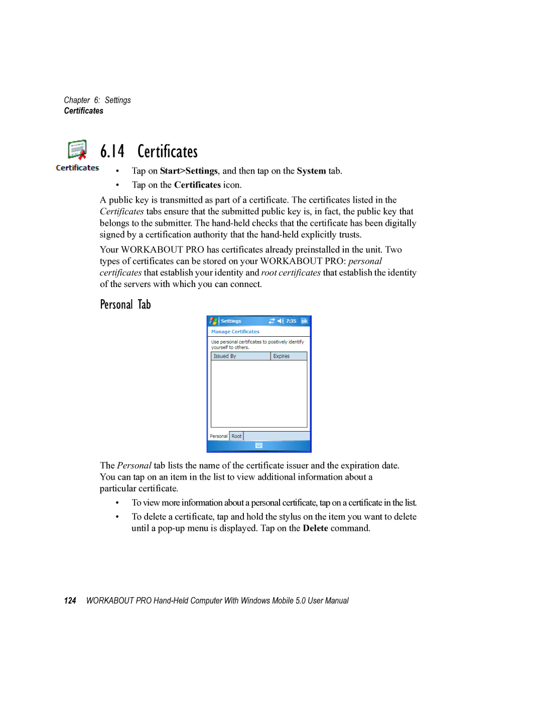 Psion Teklogix 8100107B user manual Certificates, Personal Tab 