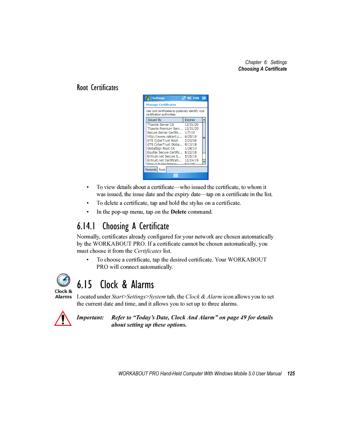 Psion Teklogix 8100107B user manual Clock & Alarms, Choosing a Certificate, Root Certificates 