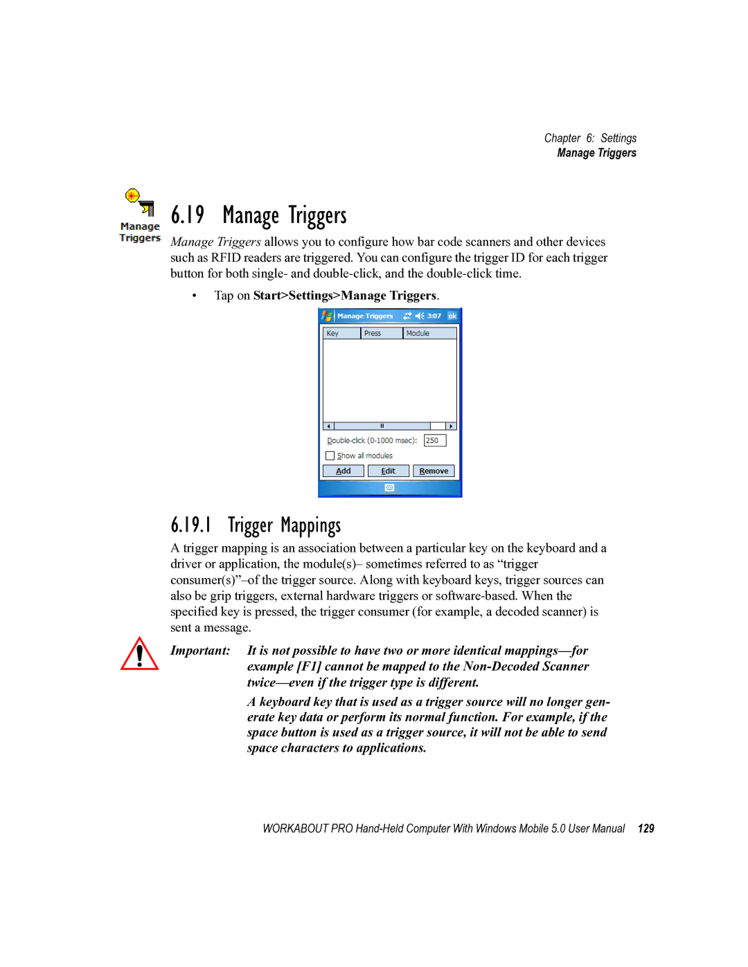 Psion Teklogix 8100107B user manual Trigger Mappings, Tap on StartSettingsManage Triggers 