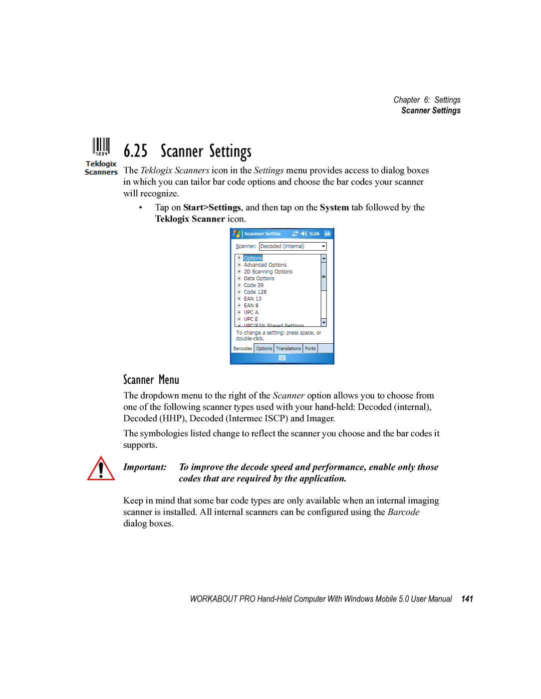 Psion Teklogix 8100107B user manual Scanner Settings, Scanner Menu 