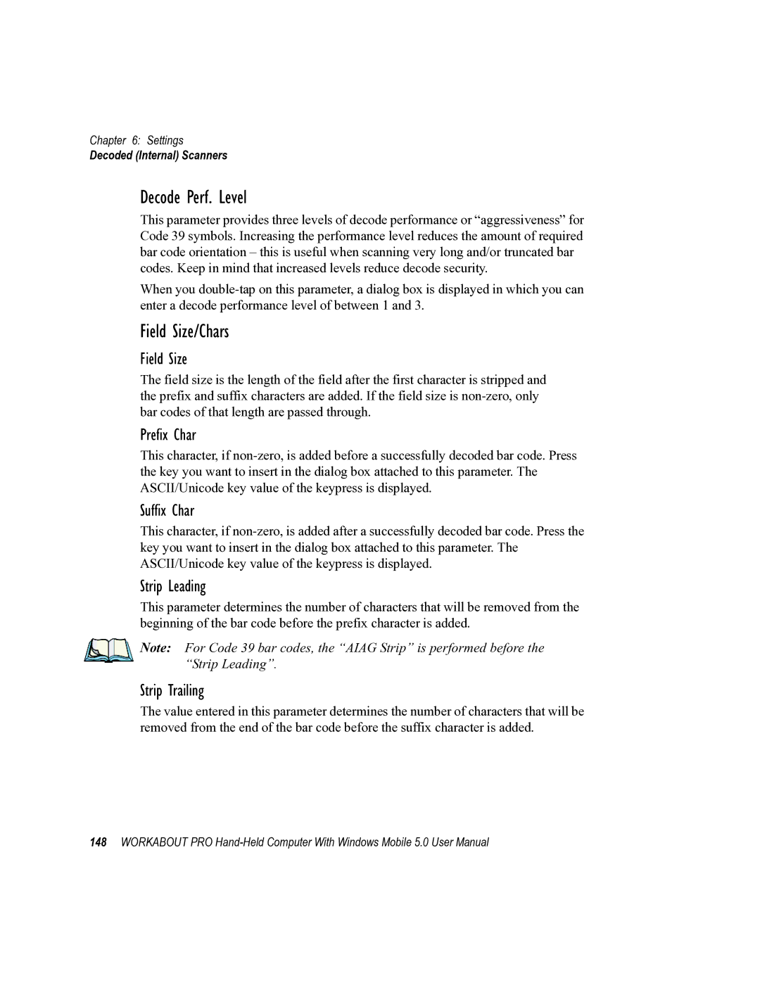 Psion Teklogix 8100107B user manual Decode Perf. Level, Field Size/Chars 