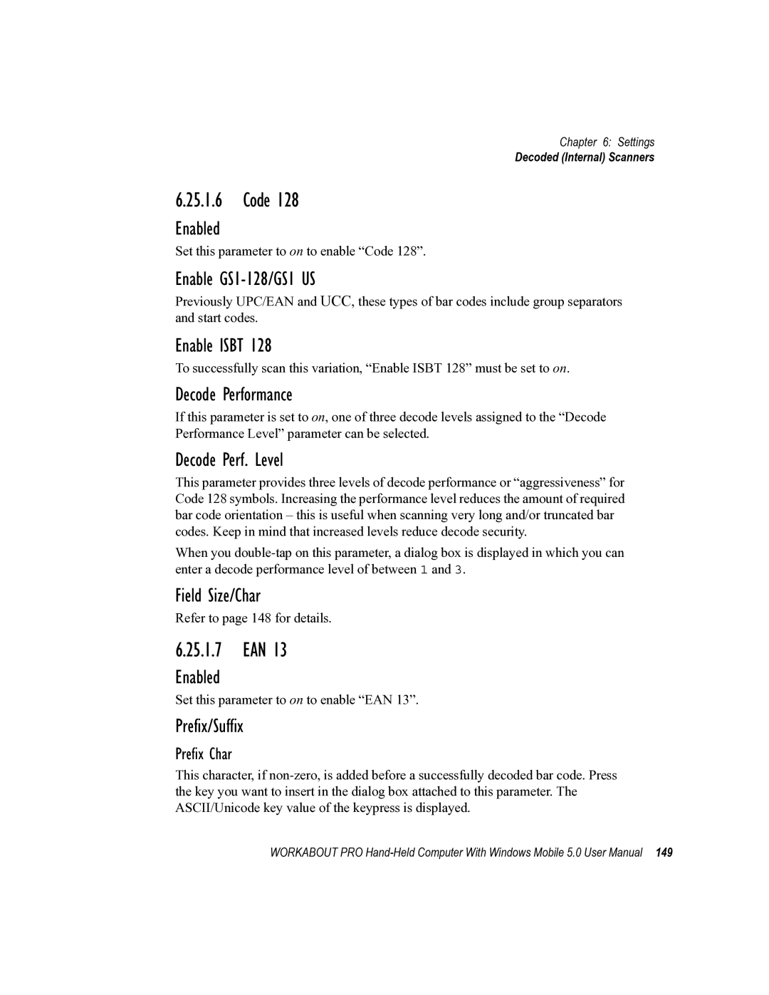 Psion Teklogix 8100107B user manual 25.1.7 EAN, Enable GS1-128/GS1 US, Enable Isbt, Field Size/Char, Prefix/Suffix 