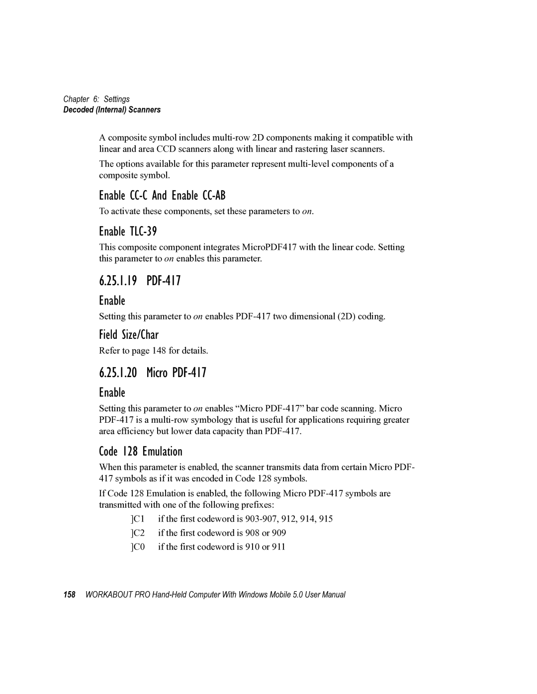 Psion Teklogix 8100107B user manual Enable CC-C And Enable CC-AB, Enable TLC-39 Field Size/Char, Enable Code 128 Emulation 