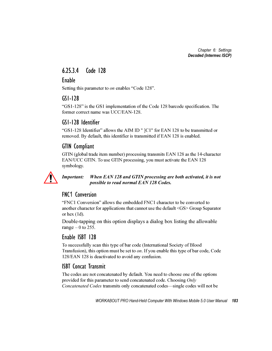 Psion Teklogix 8100107B user manual GS1-128 Identifier, Gtin Compliant, FNC1 Conversion, Isbt Concat Transmit 