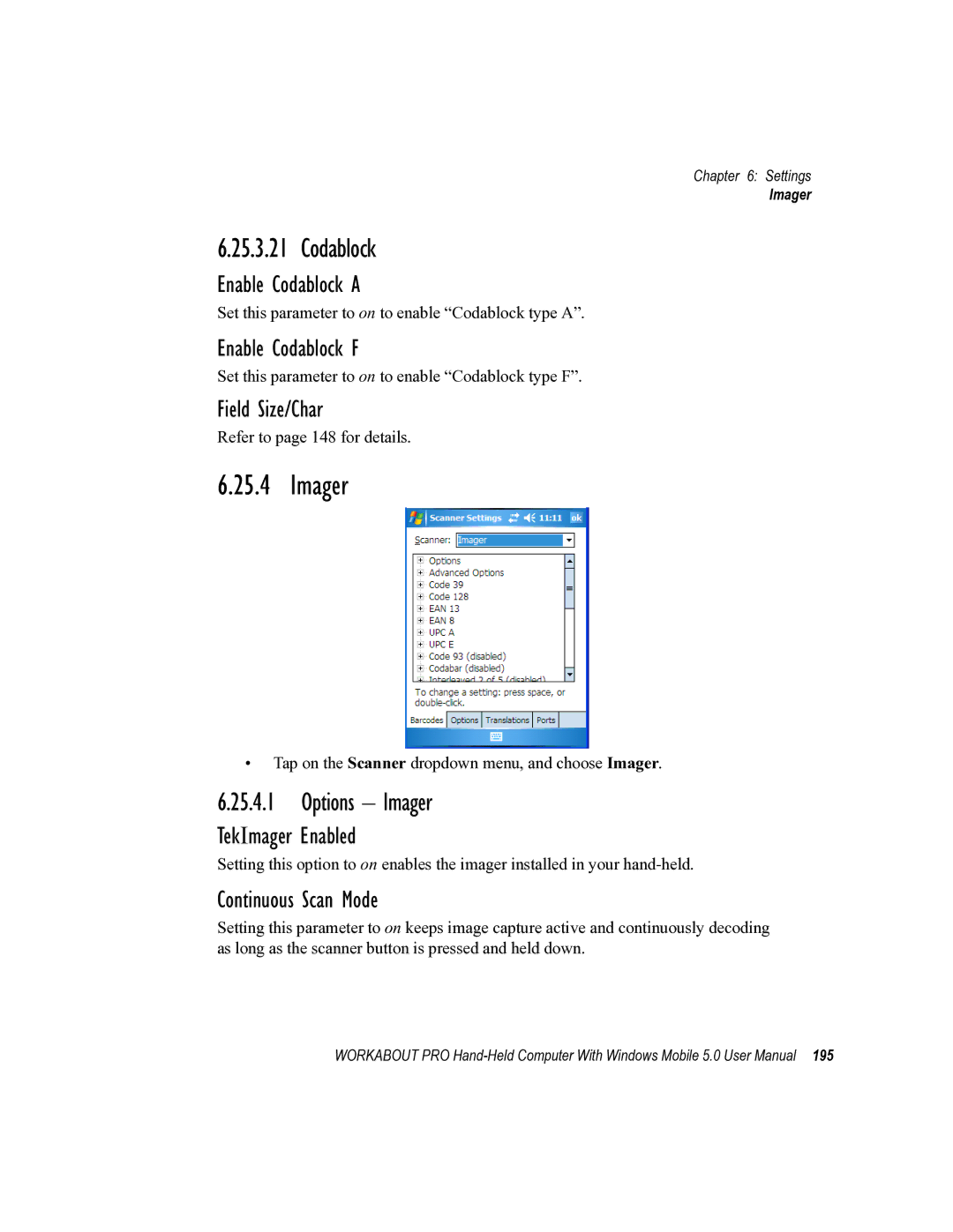 Psion Teklogix 8100107B user manual Options Imager, Enable Codablock a, Enable Codablock F, TekImager Enabled 