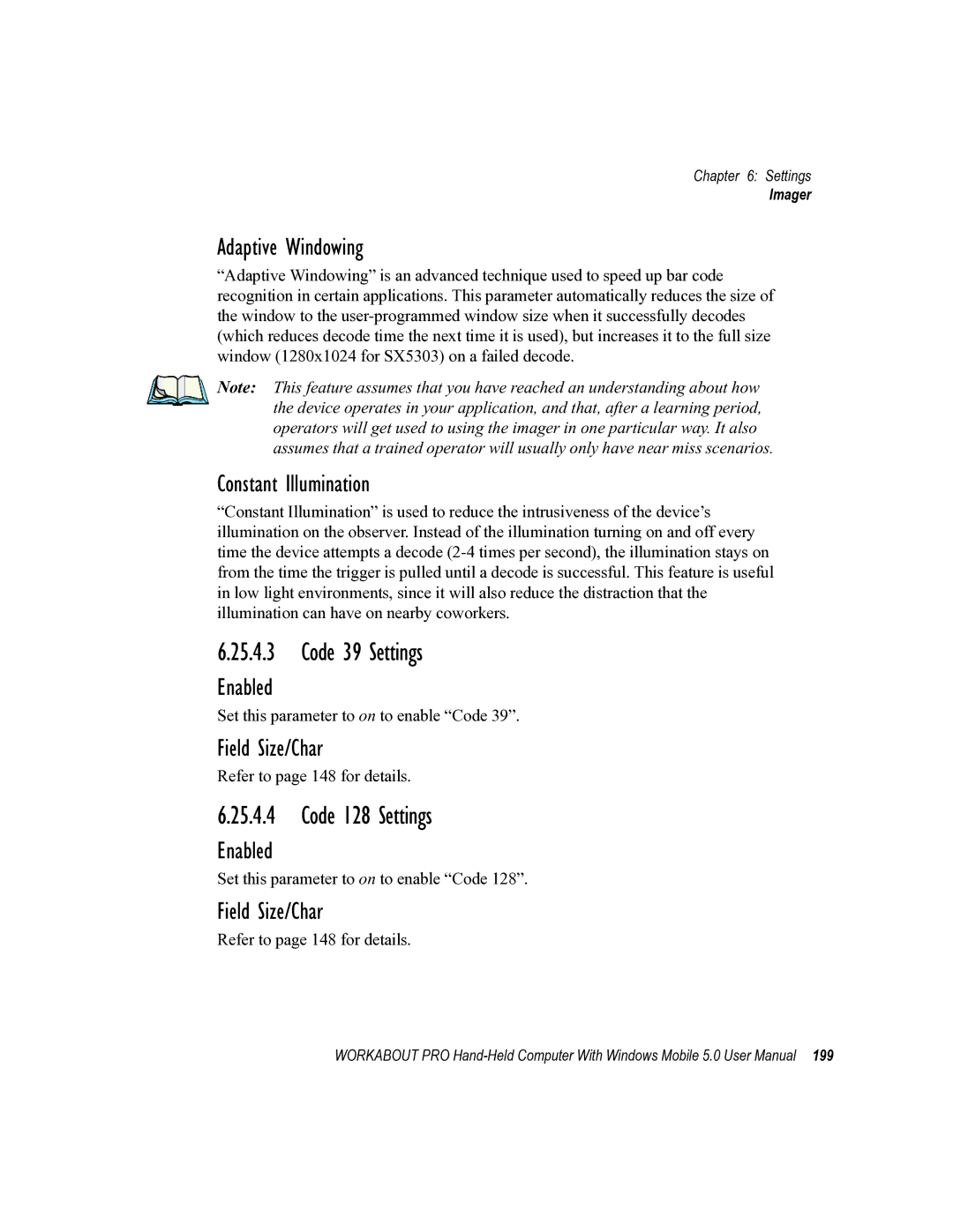 Psion Teklogix 8100107B user manual Code 39 Settings, Code 128 Settings, Adaptive Windowing, Constant Illumination 