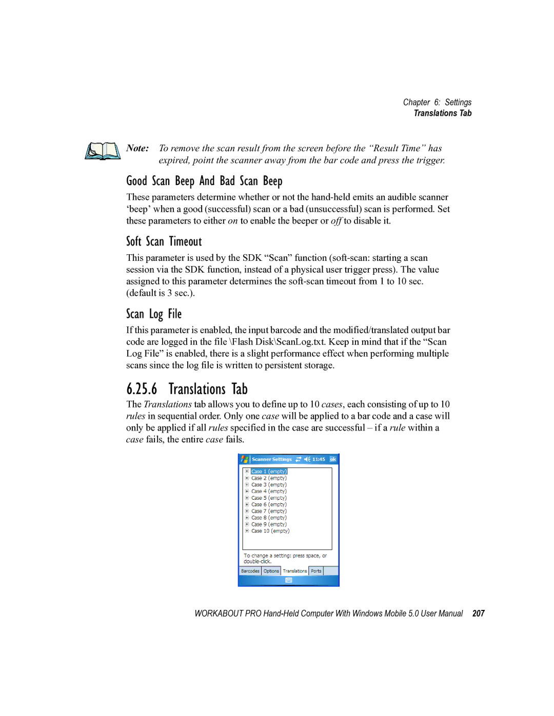 Psion Teklogix 8100107B user manual Translations Tab, Good Scan Beep And Bad Scan Beep, Soft Scan Timeout, Scan Log File 